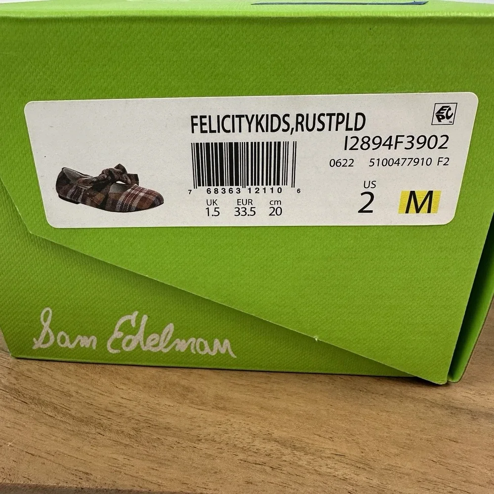 New Big Kids Sam Edelman Felicity Rust Plaid Ballet Flats‎ Shoes Size 2 Y